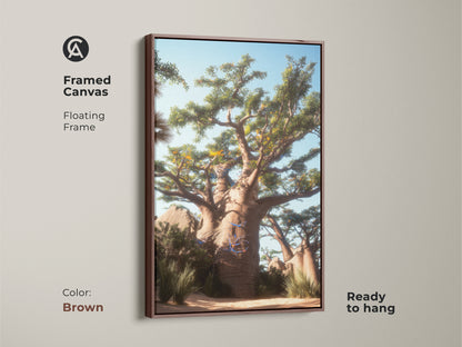 Framed Canvas showcasing a Baobab Tree Wall Art with a brown floating frame. The Desert Landscape Canvas Print is ready to hang. This nature-inspired artwork adds an exotic touch to living rooms or offices.