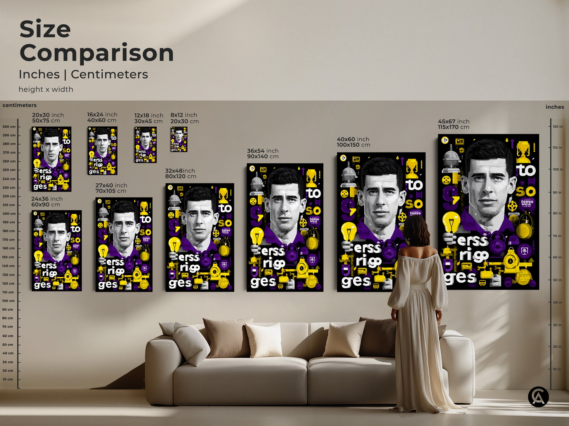 Size comparison in inches and centimeters. Man portrait wall art modern office decor. Purple yellow graphic canvas art print with various sizes. Shows placement over a sofa with a contemporary woman.