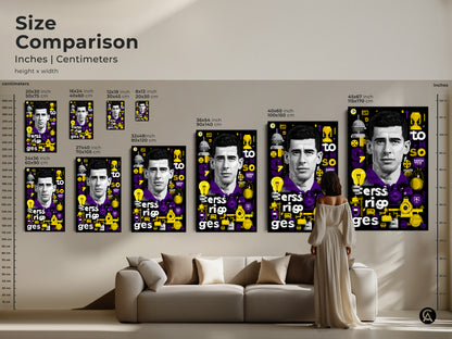 Size comparison in inches and centimeters. Man portrait wall art modern office decor. Purple yellow graphic canvas art print with various sizes. Shows placement over a sofa with a contemporary woman.