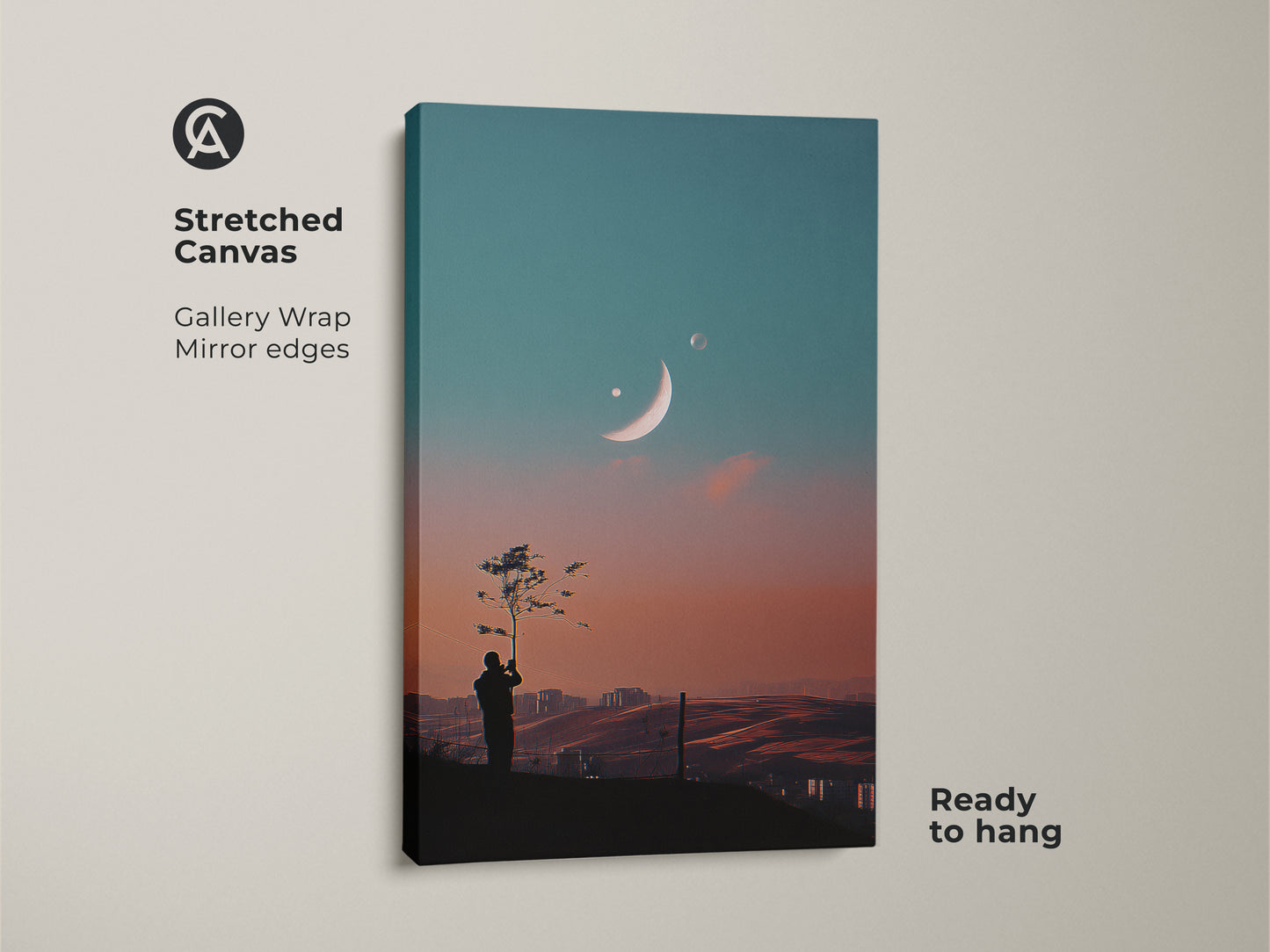 Stretched canvas of surreal space art print. Gallery wrap with mirror edges. This dreamy moon canvas art is ready to hang. It showcases a celestial landscape wall art. Perfect as modern bedroom decor art. The fantasy tree silhouette print enhances any room.