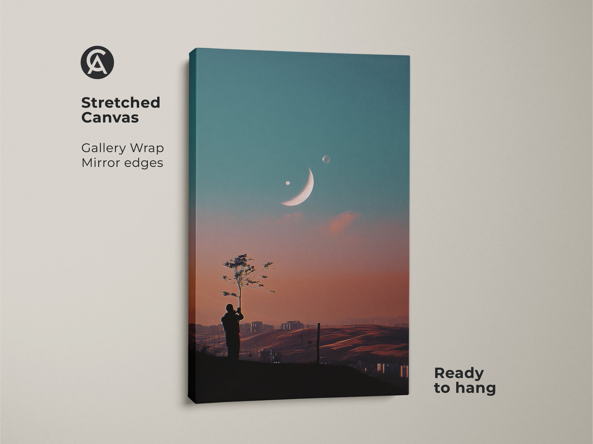 Stretched canvas of surreal space art print. Gallery wrap with mirror edges. This dreamy moon canvas art is ready to hang. It showcases a celestial landscape wall art. Perfect as modern bedroom decor art. The fantasy tree silhouette print enhances any room.