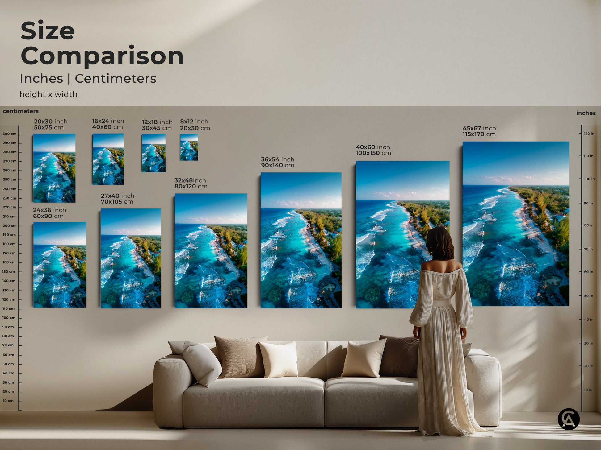 Size comparison of beach artwork in inches and centimeters. Various sizes available for canvas and poster prints. See how this aerial beach artwork fits above a couch. Choose the ideal size to enhance your living space today.