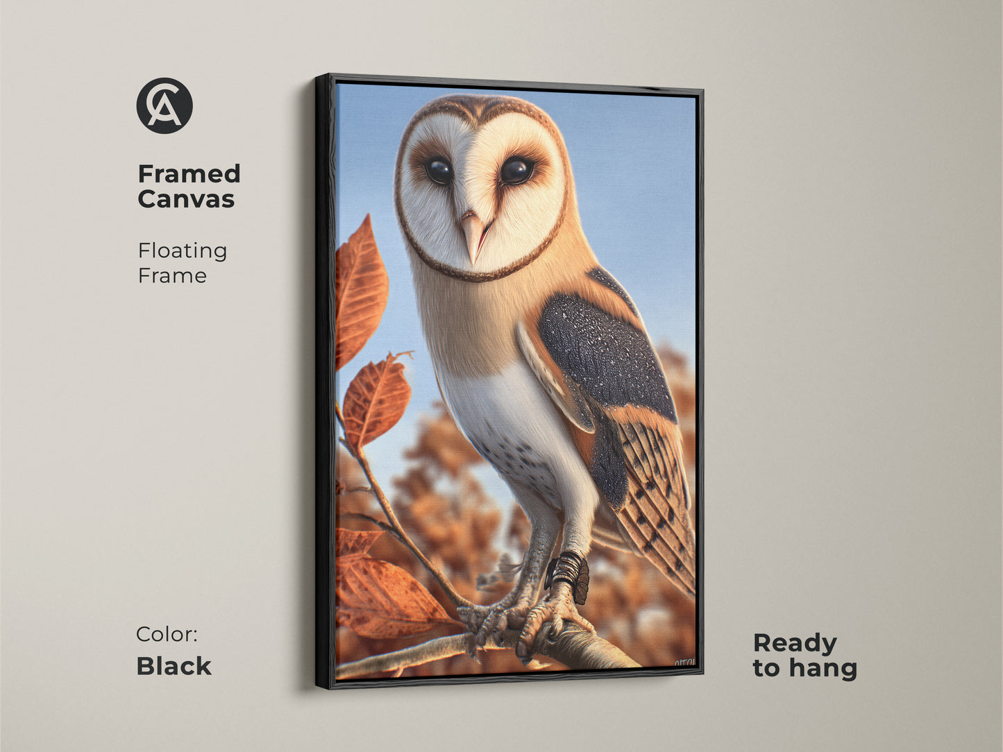 Framed canvas of a barn owl with a black floating frame. The rustic wildlife art is ready to hang. Beige brown orange tones create a warm nature wall decor. Perfect housewarming gift for birdwatching enthusiasts.