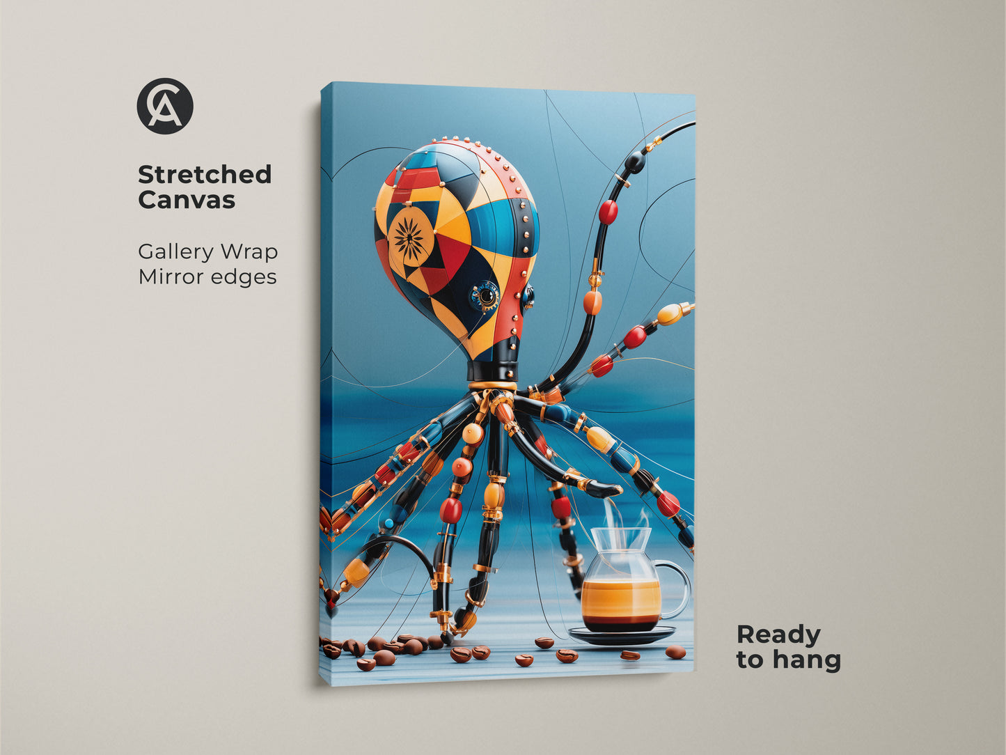 Stretched Canvas Steampunk Octopus artwork. Featuring surreal coffee art. It is the perfect octopus wall decor for a Kitchen. This art is a great gift idea for coffee lovers. It complements eclectic cafe decor. The art is a red orange and blue wall art.