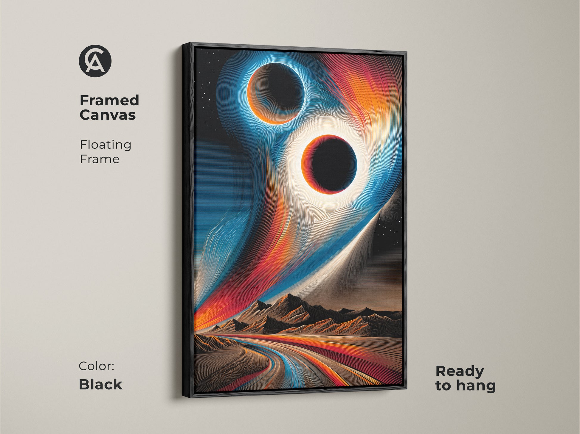 Framed canvas with a floating frame in black. It shows ready to hang abstract space art. A celestial eclipse wall art that enhances any room. A perfect piece of modern abstract artwork.