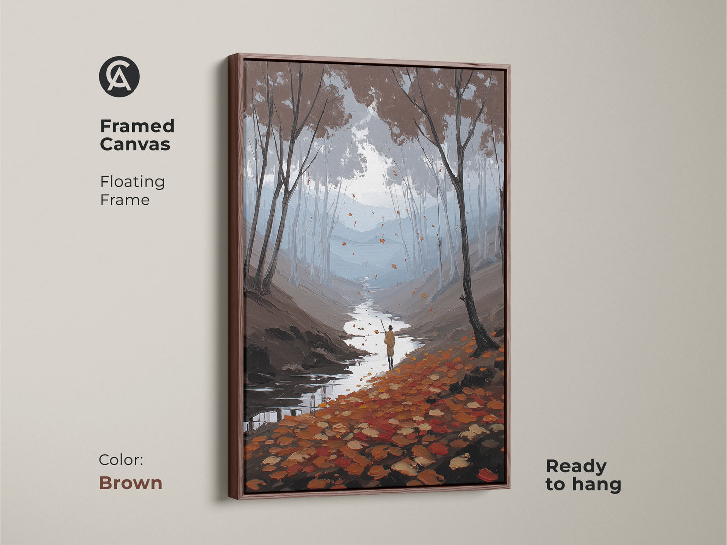 Framed Canvas with brown floating frame of autumn forest river art. The art is an impressionist landscape print with a hiker. This Scandinavian style decor is ready to hang. A perfect housewarming gift art for outdoor lovers.