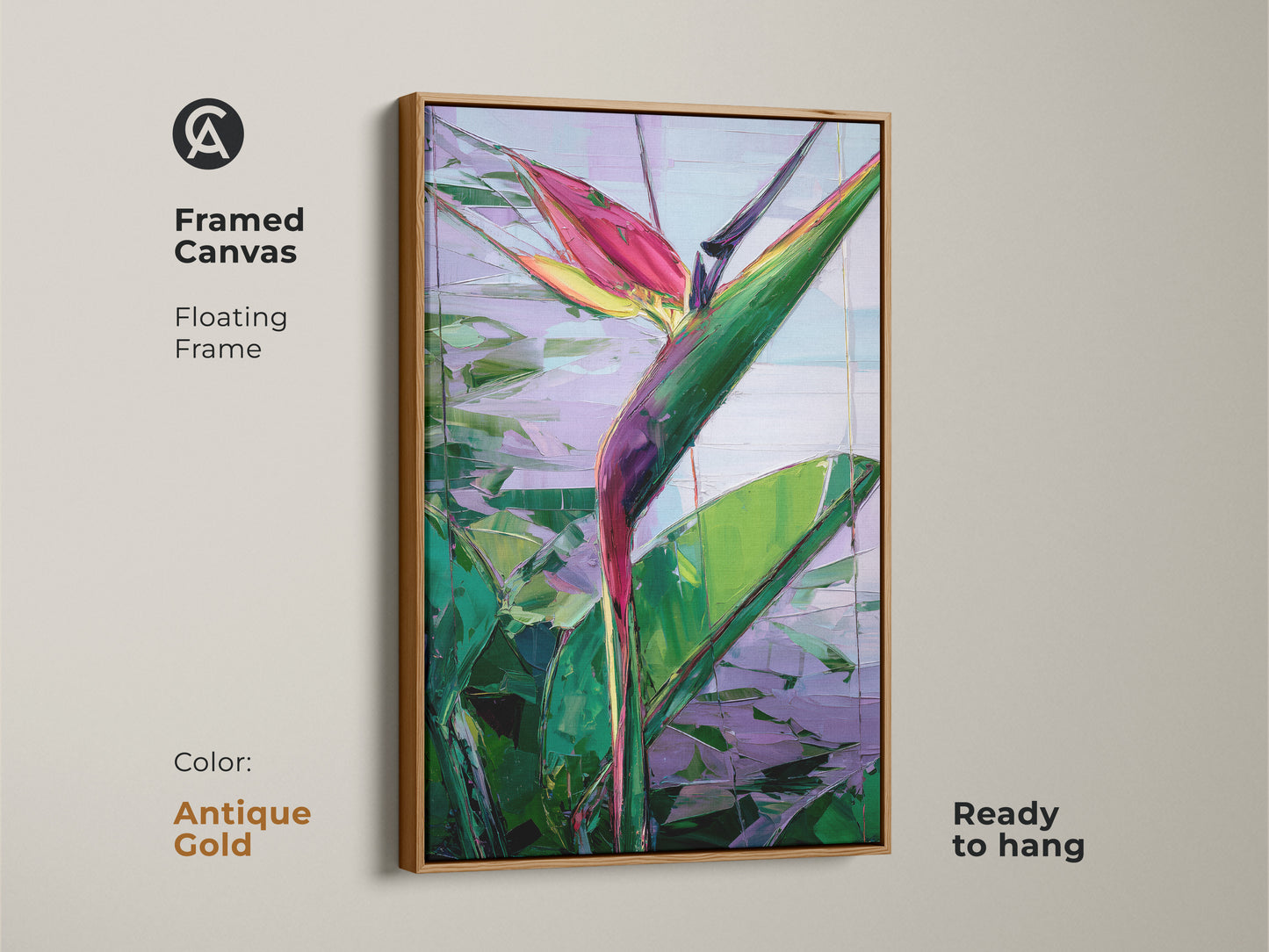 Abstract Bird of Paradise canvas art with antique gold floating frame. This tropical botanical print is ready to hang and adds boho decor to any room. The green pink and purple artwork makes a unique statement. Perfect housewarming gift idea for plant and art lovers.