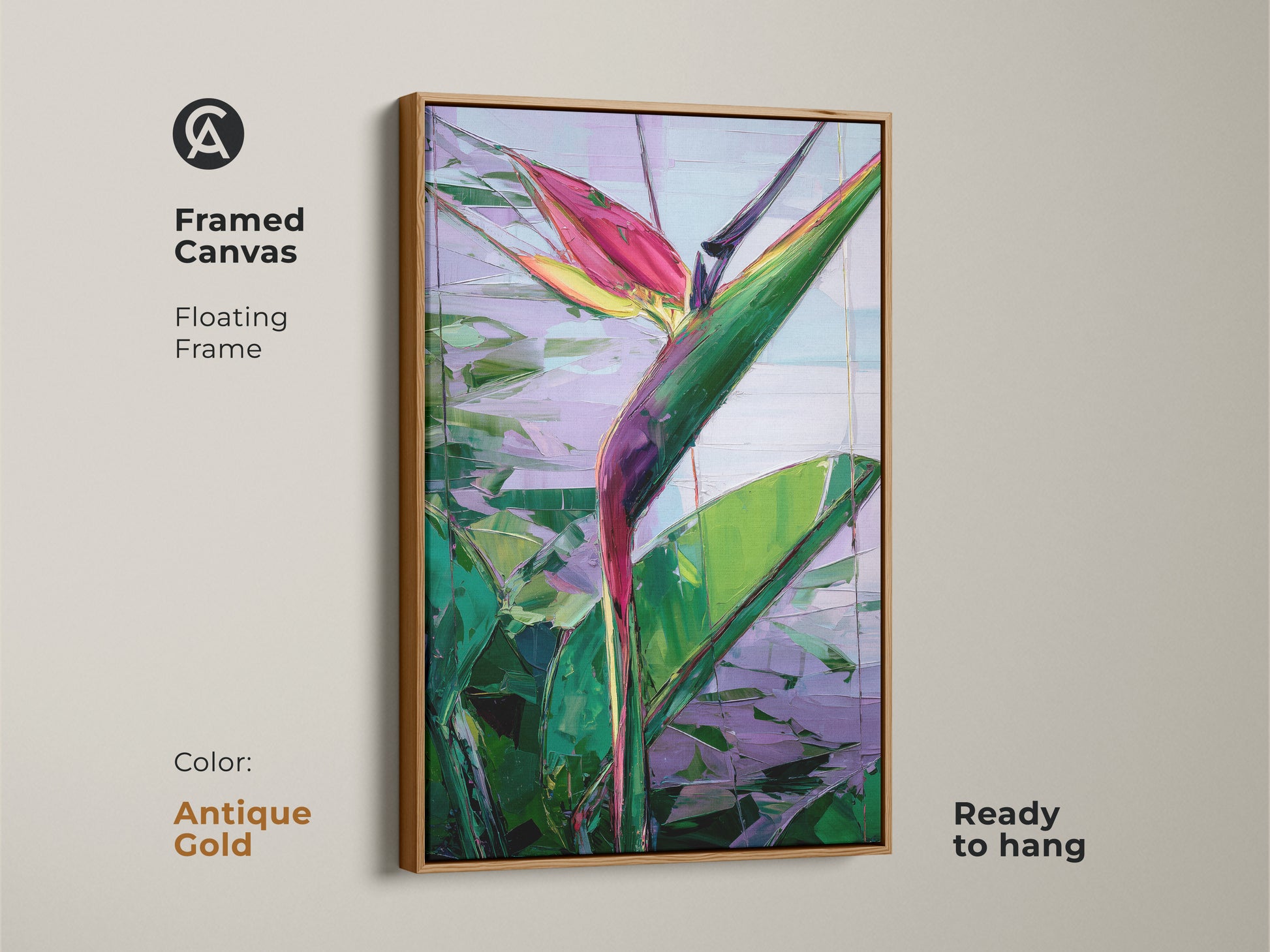 Abstract Bird of Paradise canvas art with antique gold floating frame. This tropical botanical print is ready to hang and adds boho decor to any room. The green pink and purple artwork makes a unique statement. Perfect housewarming gift idea for plant and art lovers.