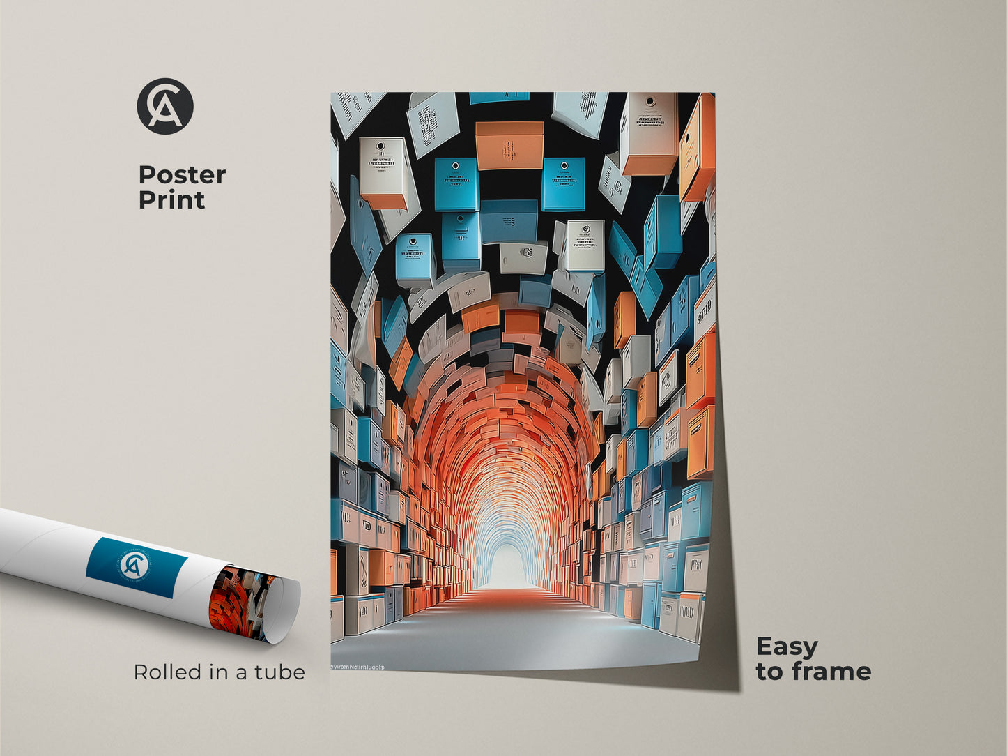 Download this abstract tunnel art print featuring orange teal and blue boxes. Google Drive can't scan this file for viruses. But it's a safe and unique conceptual artwork for your modern hallway or office. A perfect gift for art lovers abstract and unique art.