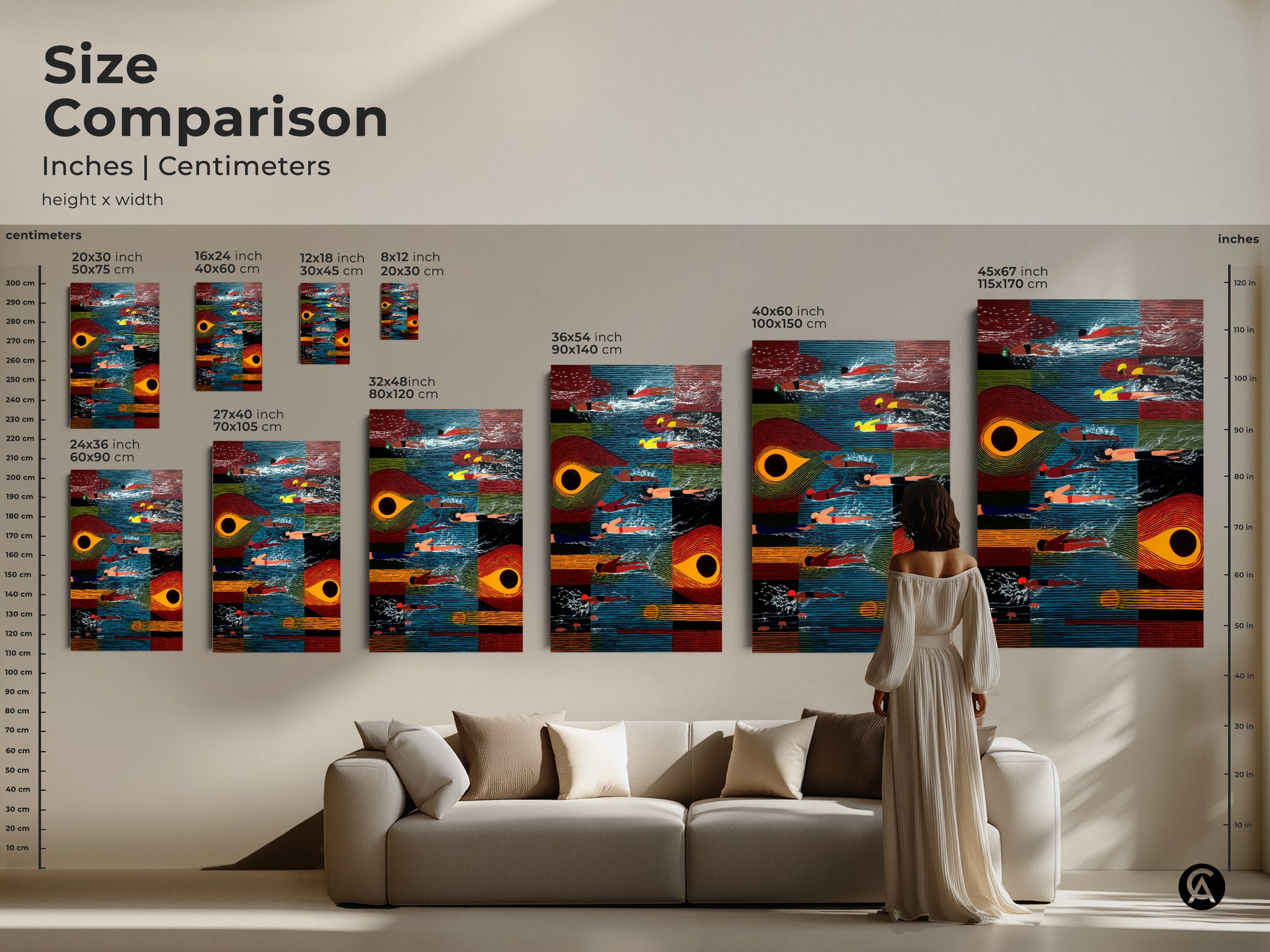 Compare sizes of this abstract swimmers artwork in inches and centimeters. The piece suits any space from small to large. This mid-century modern art print with blue orange and red hues enhances any room. Consider this swimming abstract canvas as a unique and artistic addition to your decor.