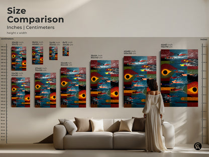 Compare sizes of this abstract swimmers artwork in inches and centimeters. The piece suits any space from small to large. This mid-century modern art print with blue orange and red hues enhances any room. Consider this swimming abstract canvas as a unique and artistic addition to your decor.