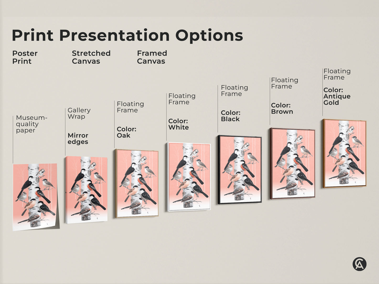 This image showcases various print presentation options for a bird and birch tree artwork. Options include poster stretched and framed canvas. Each offers unique museum-quality paper gallery wrap and floating frame. Choose the perfect style to complement your Scandinavian folk art and nature-inspired decor.