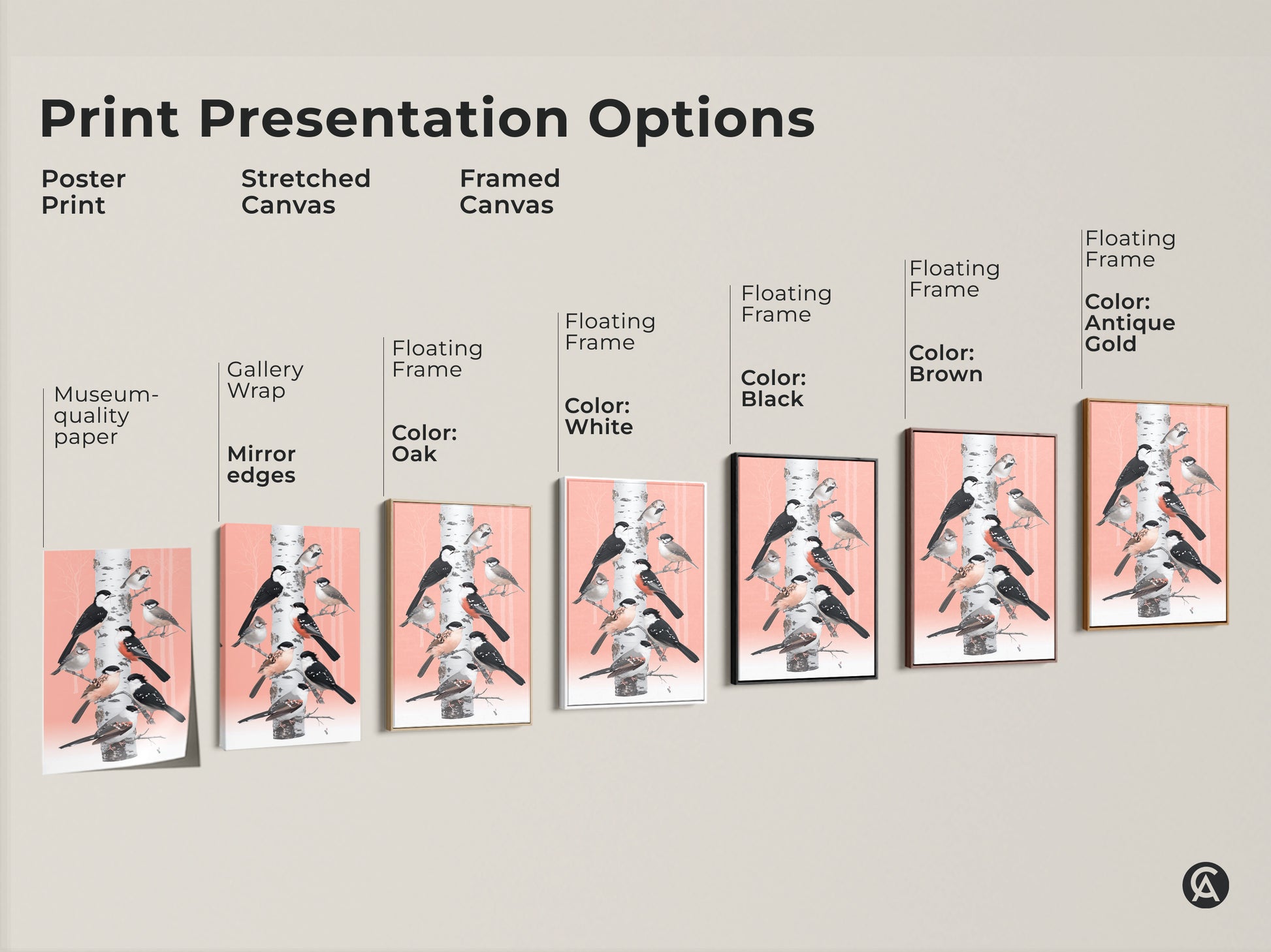 This image showcases various print presentation options for a bird and birch tree artwork. Options include poster stretched and framed canvas. Each offers unique museum-quality paper gallery wrap and floating frame. Choose the perfect style to complement your Scandinavian folk art and nature-inspired decor.