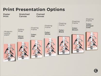 This image showcases various print presentation options for a bird and birch tree artwork. Options include poster stretched and framed canvas. Each offers unique museum-quality paper gallery wrap and floating frame. Choose the perfect style to complement your Scandinavian folk art and nature-inspired decor.