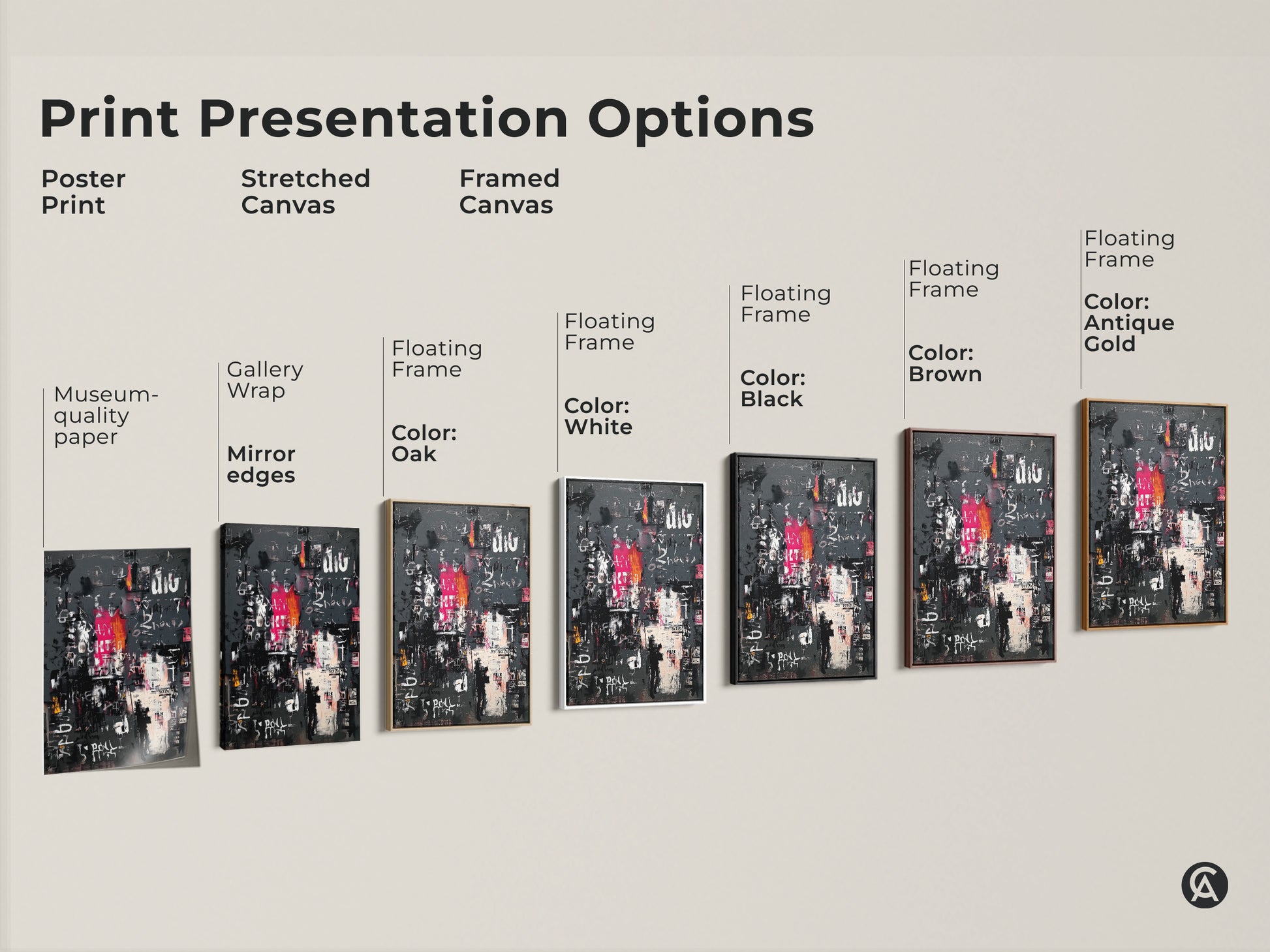 Explore print presentation options for abstract artwork. Choose from poster prints stretched canvas and framed canvas. Options include gallery wrap museum-quality paper and floating frames in various colors. Find the perfect style for your space.