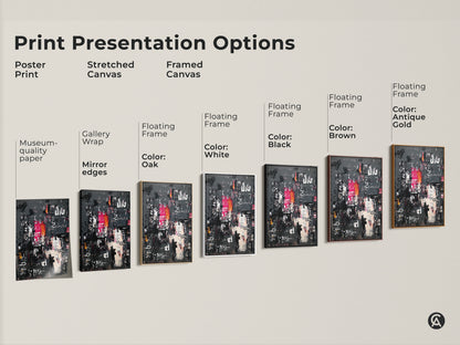Explore print presentation options for abstract artwork. Choose from poster prints stretched canvas and framed canvas. Options include gallery wrap museum-quality paper and floating frames in various colors. Find the perfect style for your space.