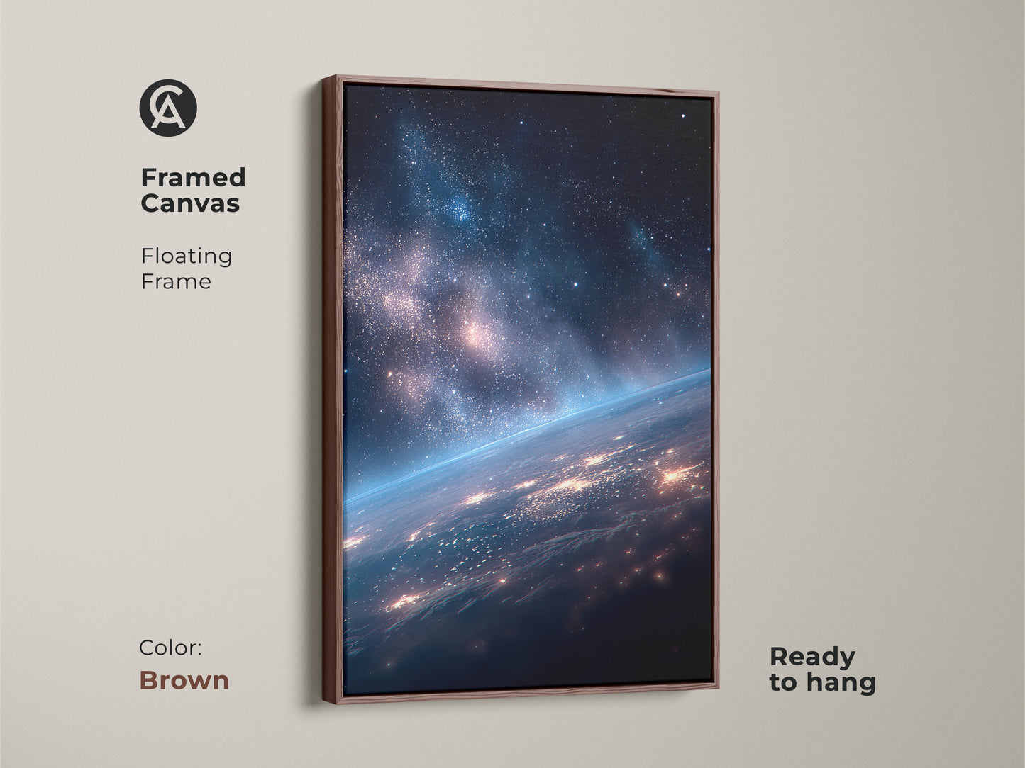 Framed canvas featuring Earth from space. This floating frame canvas is ready to hang. The brown frame enhances the space artwork. This framed art is a warm choice for your home or office.