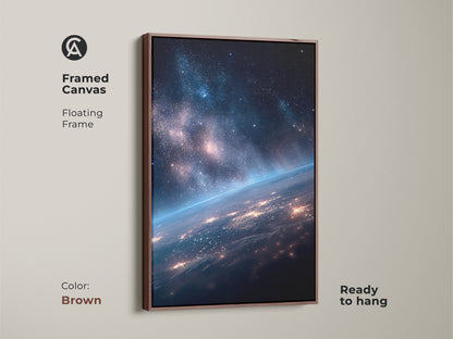 Framed canvas featuring Earth from space. This floating frame canvas is ready to hang. The brown frame enhances the space artwork. This framed art is a warm choice for your home or office.