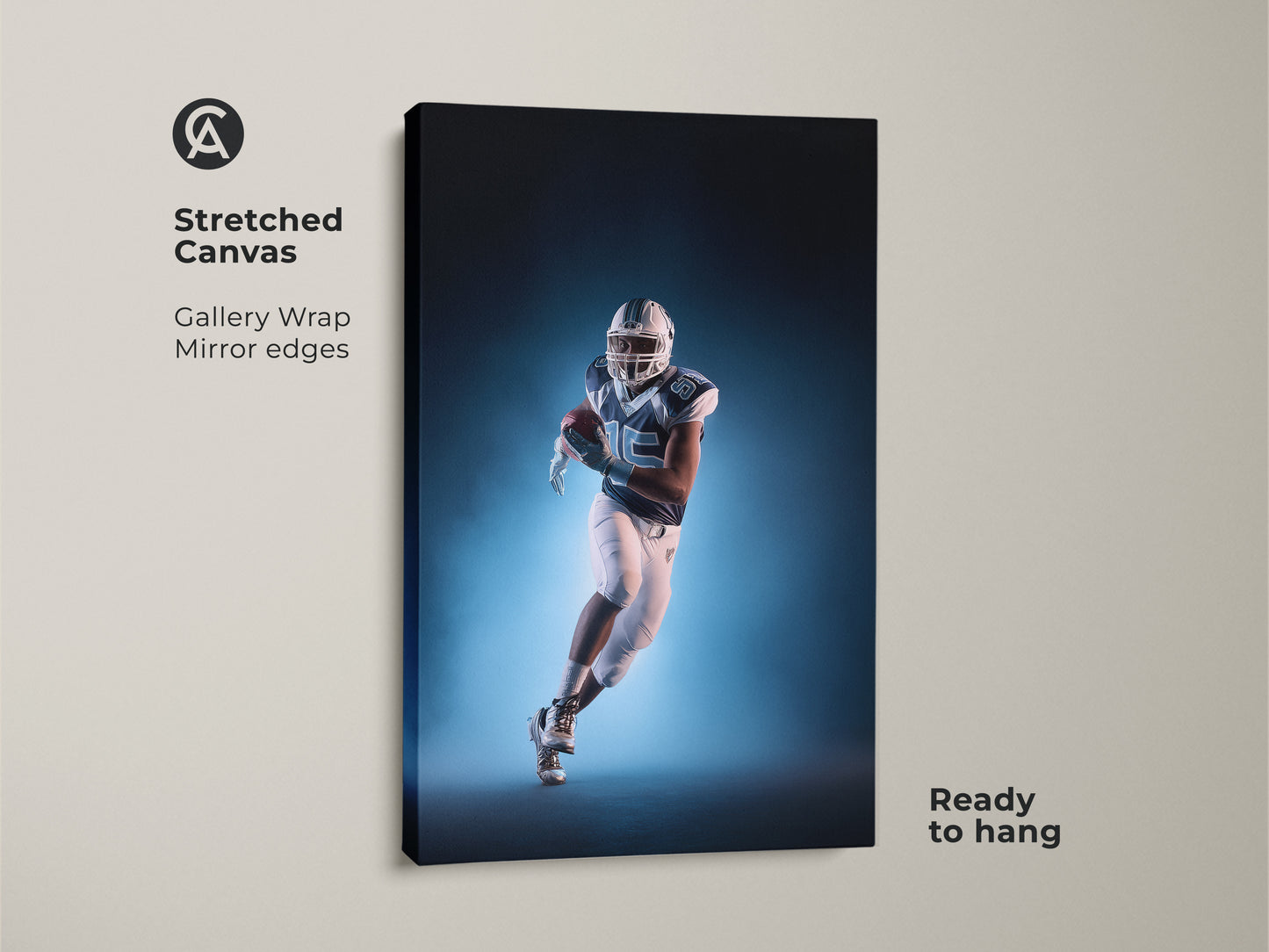 This stretched canvas features an American Football player in action. This sports wall art has gallery wrapped mirror edges. The teal and white canvas is ready to hang. It will add a modern athletic vibe to your space.