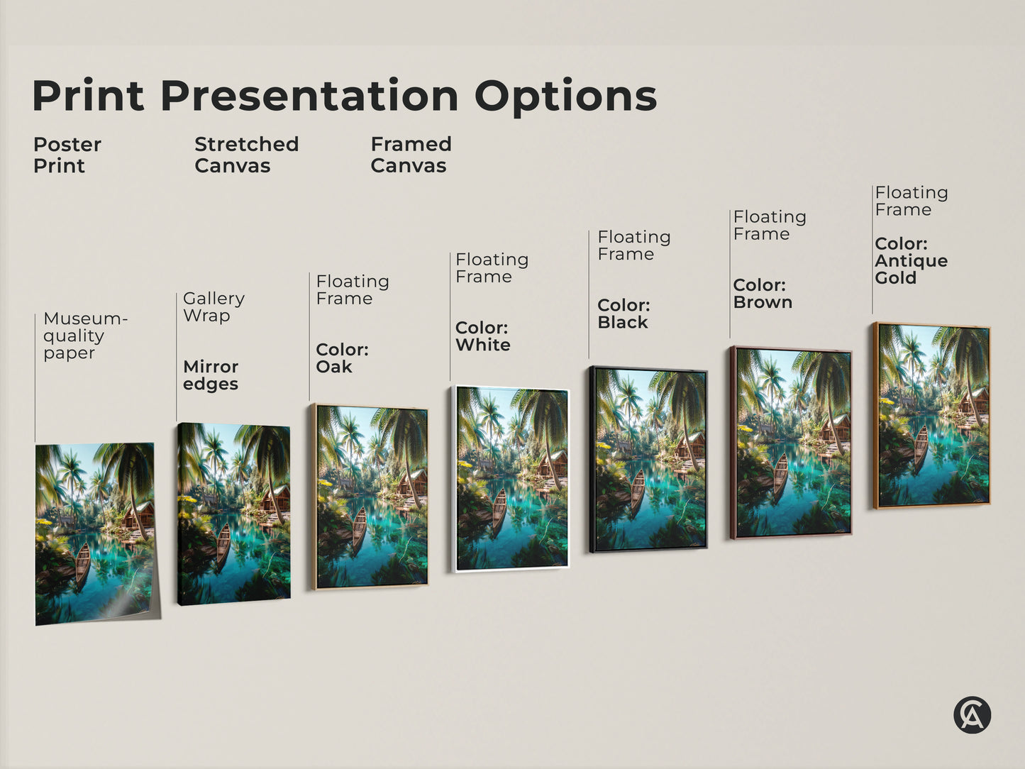 Explore print presentation options for tropical island art. Choose from poster prints stretched canvas and framed canvas. Various floating frame colors are available. Elevate your home decor today.