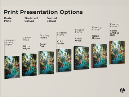 Explore print presentation options for tropical island art. Choose from poster prints stretched canvas and framed canvas. Various floating frame colors are available. Elevate your home decor today.