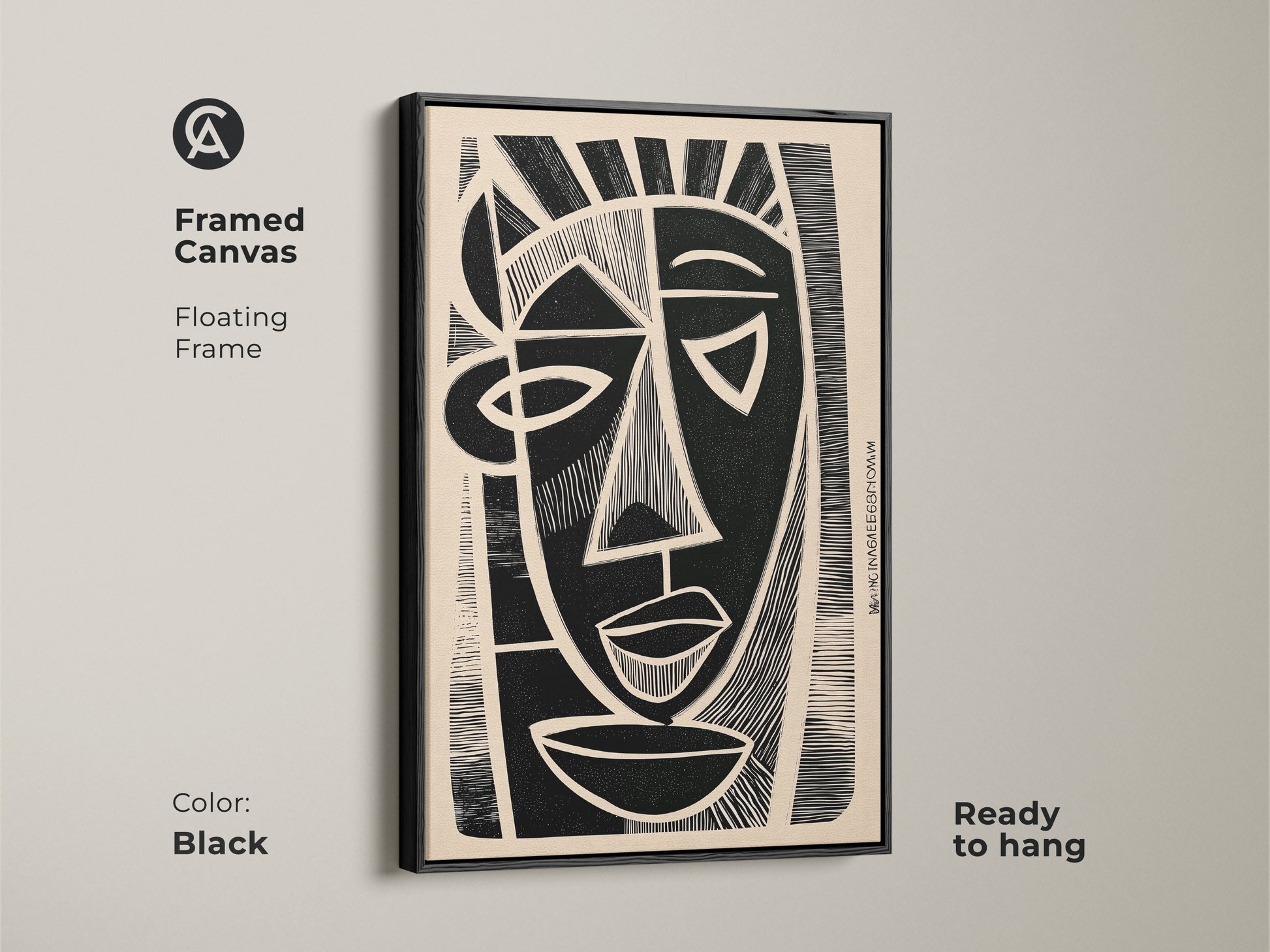 A framed canvas showcases cubist portrait art. The black floating frame enhances the abstract face wall art. This ready-to-hang piece adds modern flair to any space. The monochrome artwork is perfect for eclectic home decor.