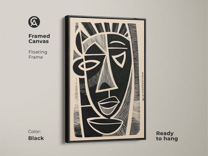 A framed canvas showcases cubist portrait art. The black floating frame enhances the abstract face wall art. This ready-to-hang piece adds modern flair to any space. The monochrome artwork is perfect for eclectic home decor.