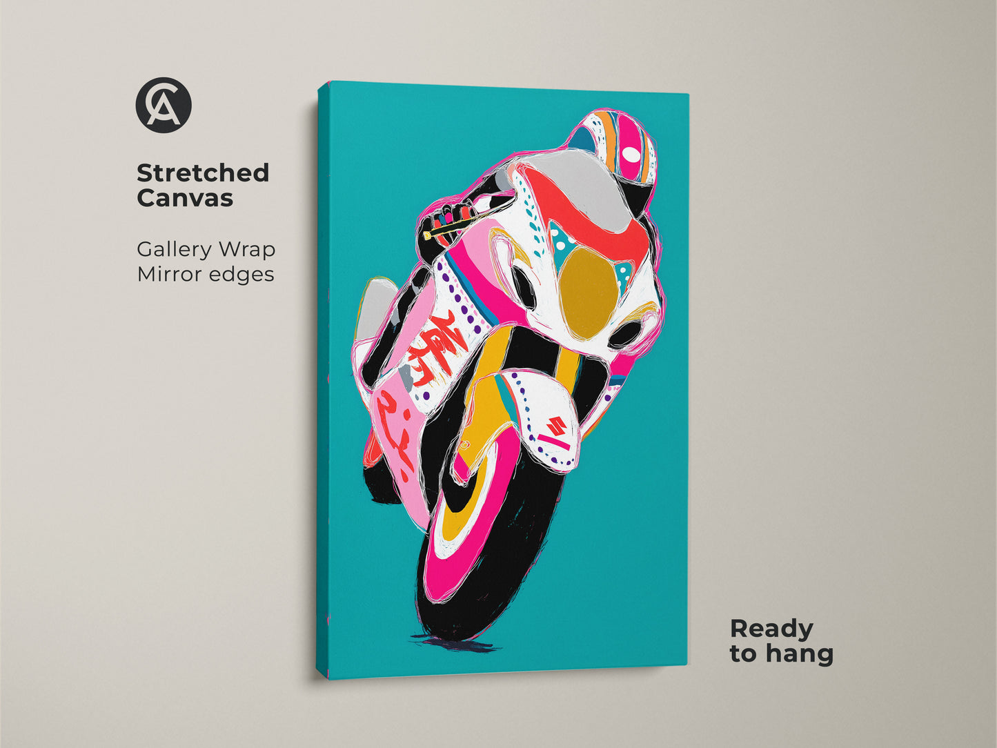 Close-up of a graffiti racer canvas art print. Stretched canvas with gallery wrap and mirror edges detail. Teal abstract wall art is ready to hang. Perfect for modern garage decor or office racing art. Add a pop of color with this vibrant motorsport artwork.