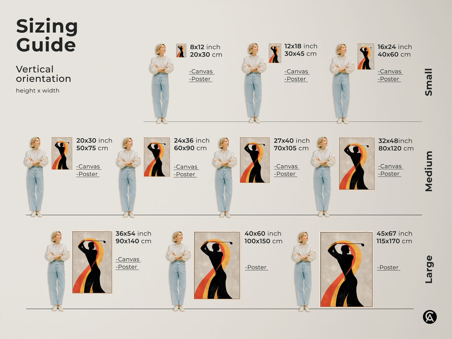 Sizing guide for abstract golf prints. Vertical orientation height and width options in inches and centimeters. Available as canvas or poster in small medium and large sizes.