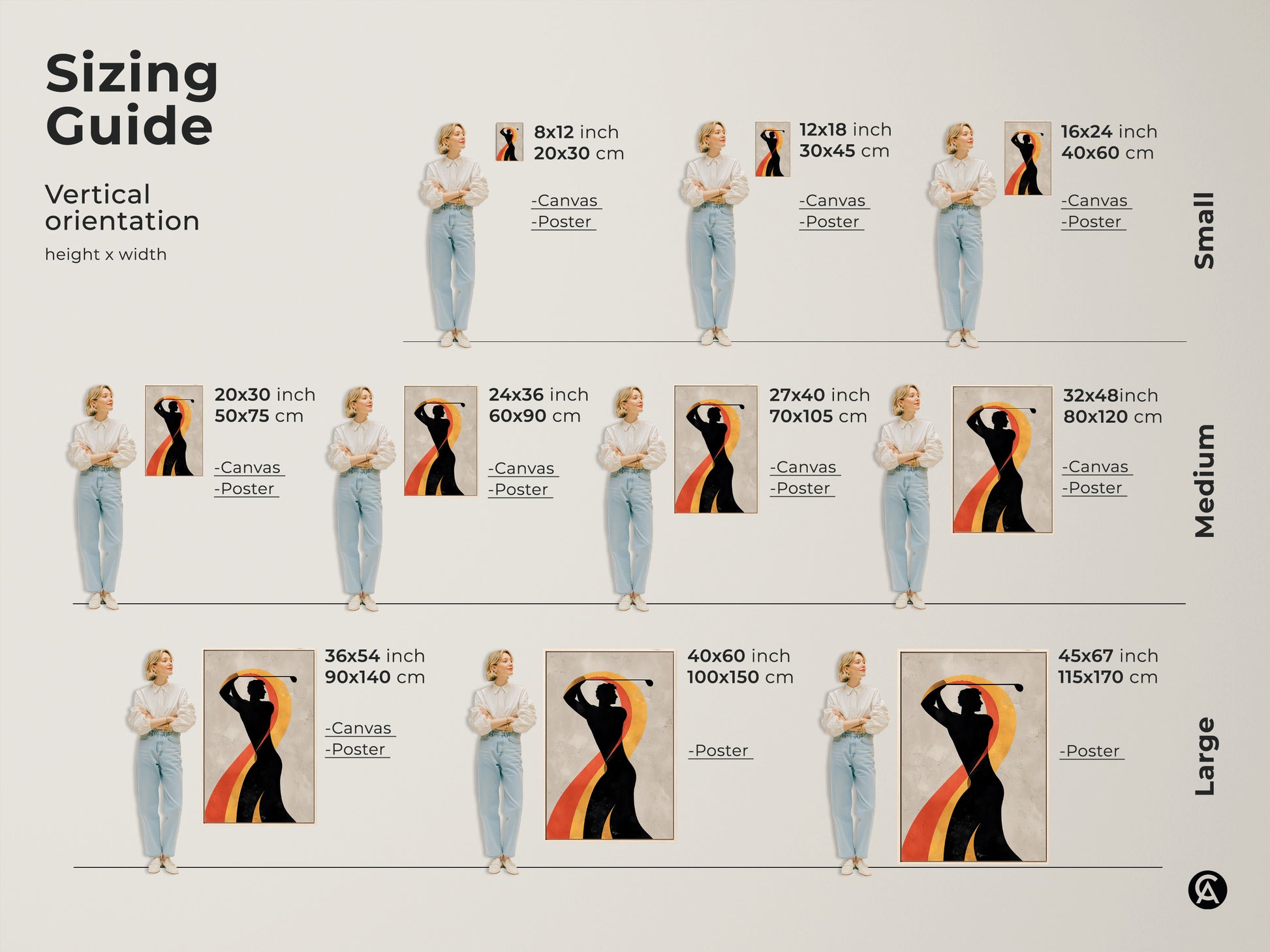 Sizing guide for abstract golf prints. Vertical orientation height and width options in inches and centimeters. Available as canvas or poster in small medium and large sizes.