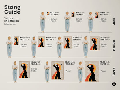 Sizing guide for abstract golf prints. Vertical orientation height and width options in inches and centimeters. Available as canvas or poster in small medium and large sizes.