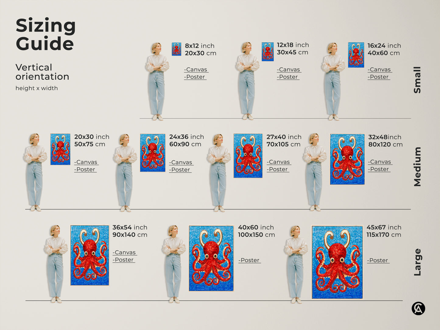 Sizing guide for the abstract octopus canvas and poster prints. Visualize the artwork in small medium and large sizes. See how the red octopus mosaic art fits different spaces. Perfect for adding an eclectic touch to your home decor. Find the ideal size to enhance your living space with vibrant marine life artwork.