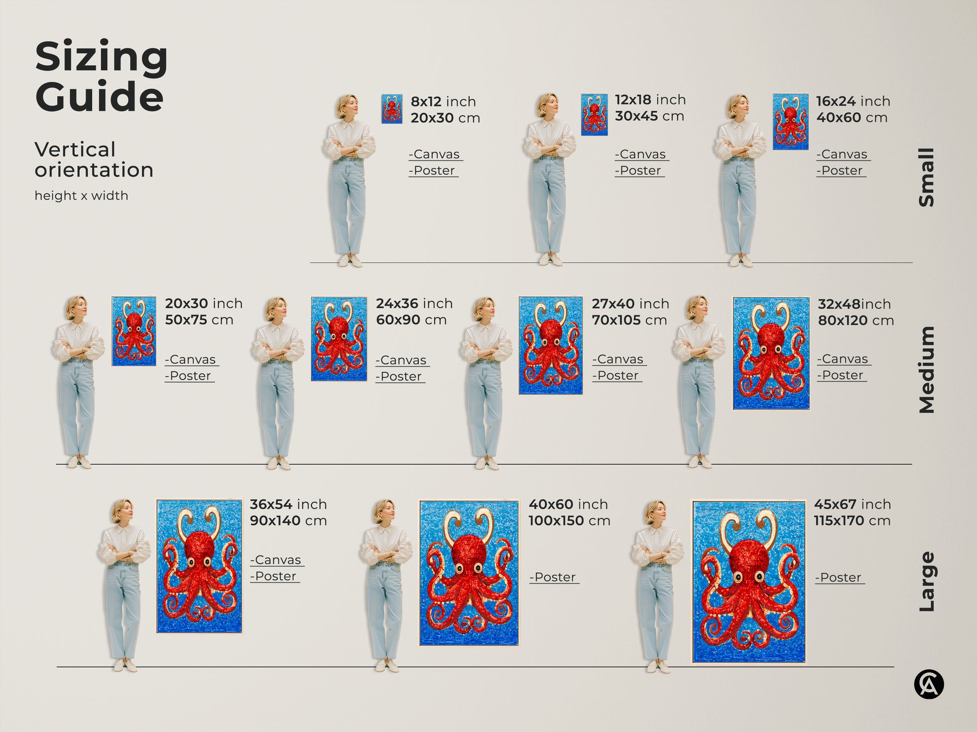 Sizing guide for the abstract octopus canvas and poster prints. Visualize the artwork in small medium and large sizes. See how the red octopus mosaic art fits different spaces. Perfect for adding an eclectic touch to your home decor. Find the ideal size to enhance your living space with vibrant marine life artwork.