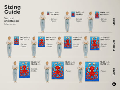 Sizing guide for the abstract octopus canvas and poster prints. Visualize the artwork in small medium and large sizes. See how the red octopus mosaic art fits different spaces. Perfect for adding an eclectic touch to your home decor. Find the ideal size to enhance your living space with vibrant marine life artwork.