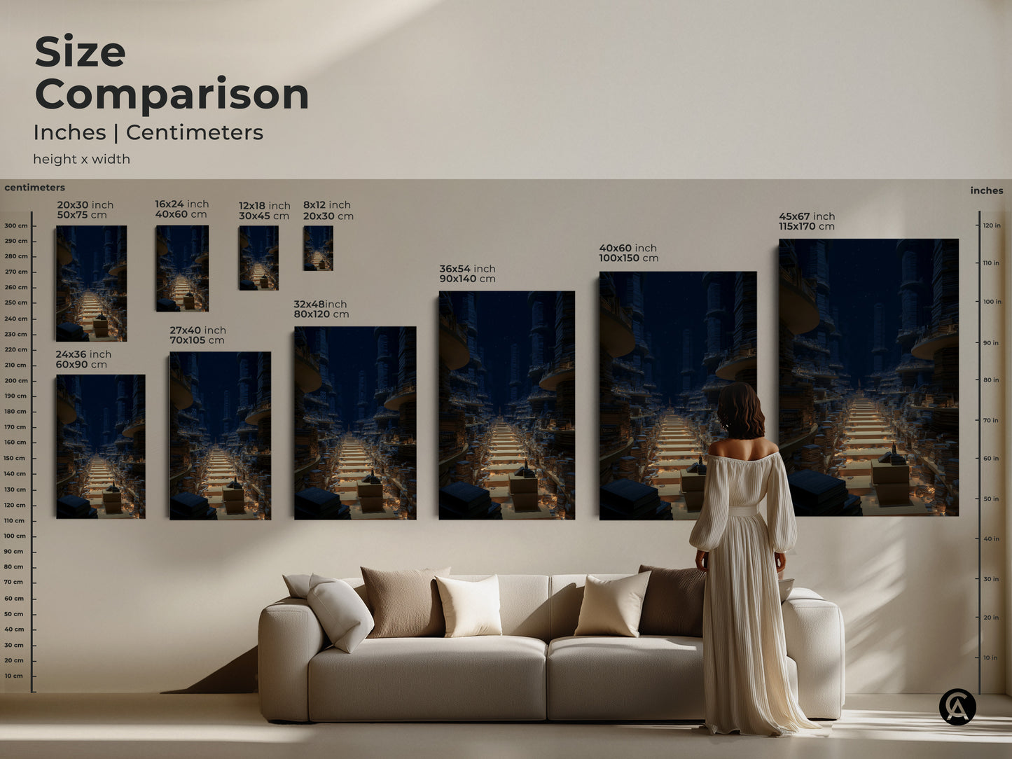 Size comparison featuring the fantasy library art print in various dimensions. See how the surreal bookshelf wall decor complements a living room setting. Choose the perfect size for your space. Available as canvas or poster prints.
