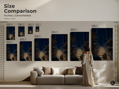 Size comparison featuring the fantasy library art print in various dimensions. See how the surreal bookshelf wall decor complements a living room setting. Choose the perfect size for your space. Available as canvas or poster prints.