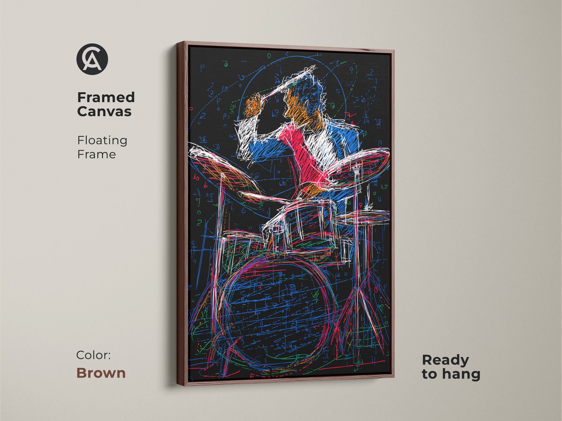 Framed canvas in a floating frame showcasing abstract drummer artwork. The bold red blue and black artwork captures energy on a canvas. Ideal as a musician gift this print brings an eclectic touch to your wall.
