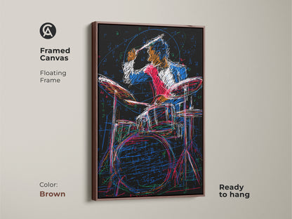 Framed canvas in a floating frame showcasing abstract drummer artwork. The bold red blue and black artwork captures energy on a canvas. Ideal as a musician gift this print brings an eclectic touch to your wall.