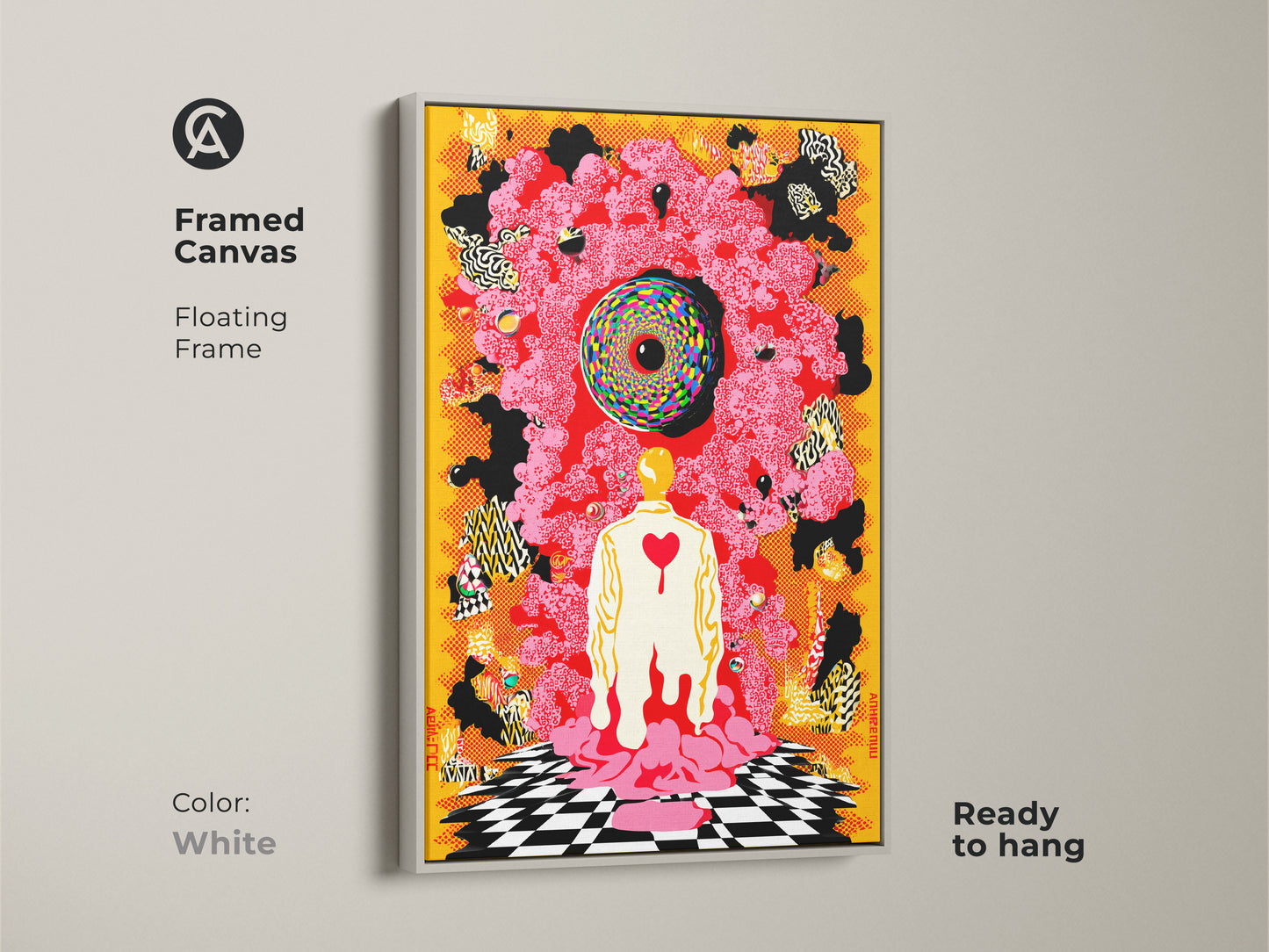 White framed canvas highlights an eclectic abstract piece. A surrealist human figure with a psychedelic canvas print. The yellow red black art is perfect unique wall decor and ready to hang in any room.