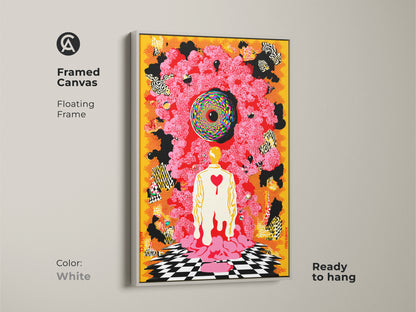 White framed canvas highlights an eclectic abstract piece. A surrealist human figure with a psychedelic canvas print. The yellow red black art is perfect unique wall decor and ready to hang in any room.