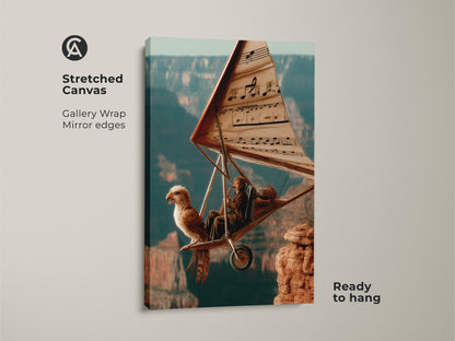 Stretched Canvas of a Musician Eagle Hang Glider. This gallery wrap has mirrored edges and is ready to hang. The art features a musician playing saxophone in a hang glider. An eagle is his companion. This canvas art will add an imaginative touch to your office study or living space.