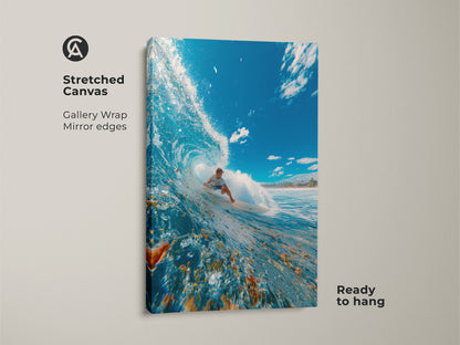 Stretched canvas art showcasing a surfer skillfully maneuvering through a barreling wave. Gallery wrapped with mirrored edges. This ready-to-hang artwork brings the thrill of surfing indoors. The vibrant colors and dynamic composition make it a captivating piece. Ideal for adding an adventurous touch to any room.