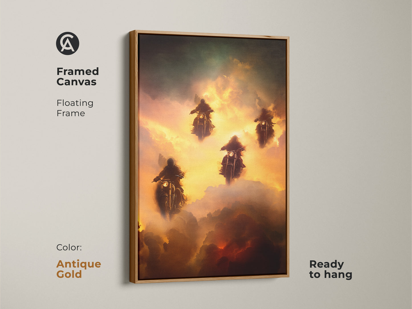 Capture adventure with this framed canvas art. This piece shows motorcycle riders soaring through clouds in gold green and orange tones. The antique gold floating frame adds elegance. Ready to hang it's ideal for eclectic homes and motorcycle art enthusiasts.