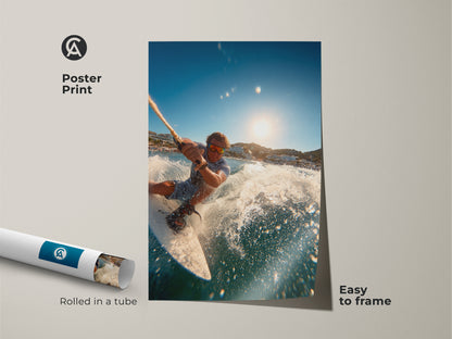 A man wakeboarding is printed on a poster. The poster is easy to frame. It arrives rolled in a protective tube. This artwork captures an exciting water sport scene. It is perfect for action and ocean art enthusiasts.