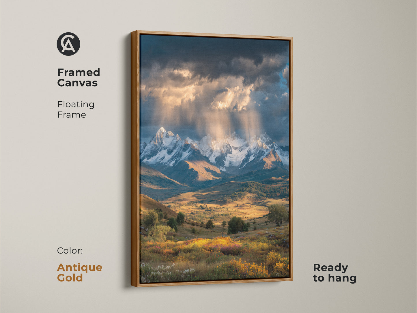 This framed canvas art showcases a mountain landscape. An antique gold floating frame adds elegance. The artwork is ready to hang. It brings a touch of nature to any room. A perfect housewarming gift for outdoor lovers.