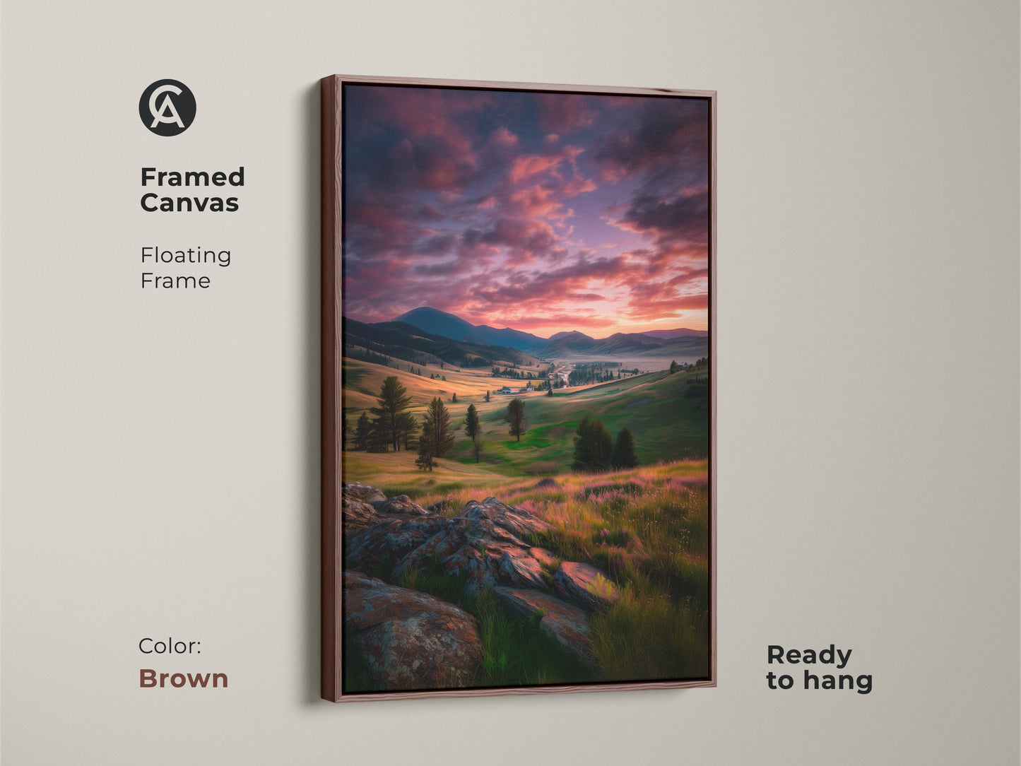 Framed canvas in brown showcases a mountain valley sunset. The rustic wall decor is ready to hang. This nature-inspired art print creates a cozy atmosphere. An ideal gift for landscape lovers.