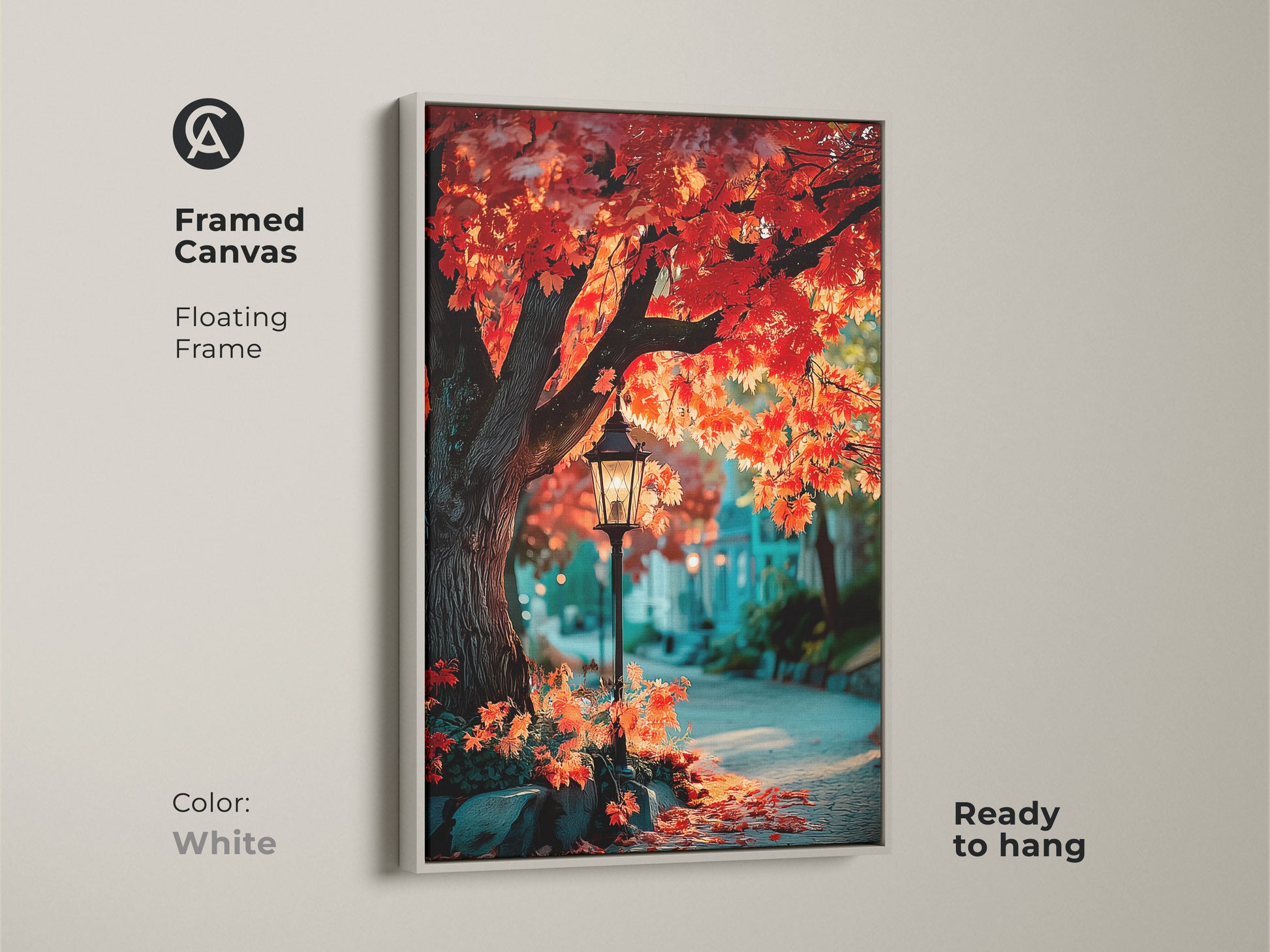 Brighten up your decor with this framed canvas artwork in white. The floating frame complements the artwork's serene beauty. The piece features a picturesque autumn street scene with a stunning red maple tree and vintage street lamp. Ready to hang for instant enjoyment.