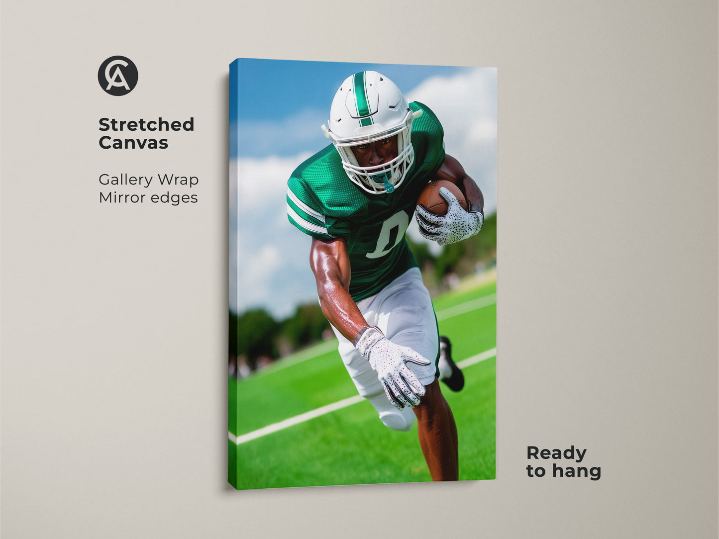 Stretched canvas print of a football player in emerald green. Gallery wrapped with mirrored edges this sports artwork is ready to hang. It is a dynamic piece for sports enthusiasts. Perfect as office wall art or a gift for football fans.