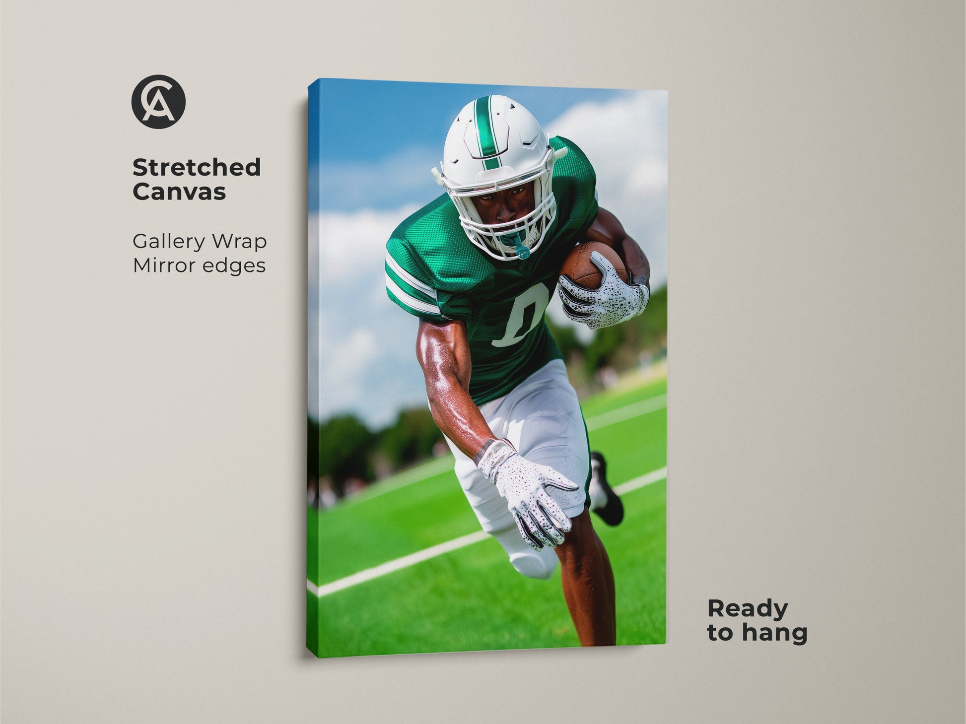 Stretched canvas print of a football player in emerald green. Gallery wrapped with mirrored edges this sports artwork is ready to hang. It is a dynamic piece for sports enthusiasts. Perfect as office wall art or a gift for football fans.