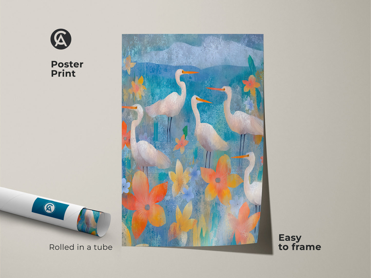 Poster Print of Eclectic Egret and Floral Canvas. The teal blue nature poster is easy to frame. Bird themed home decor that adds character to any space. Rolled in a tube for secure shipping.
